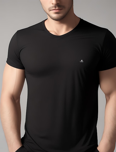 Close up of man in black blank tshirt mockup