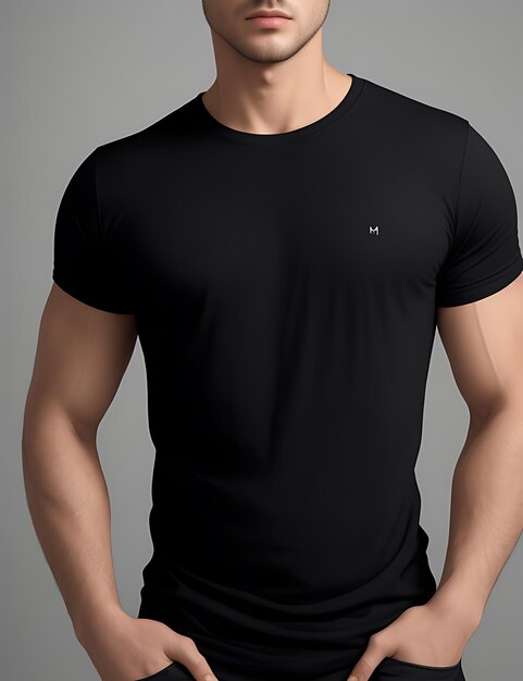 Close up of man in black blank tshirt mockup