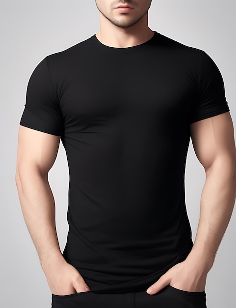 Close up of man in black blank tshirt mockup