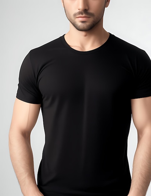 Close up of man in black blank tshirt mockup