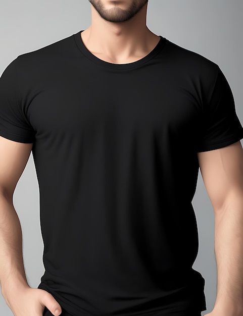 Крупный план человека в черной пустой футболке, макет