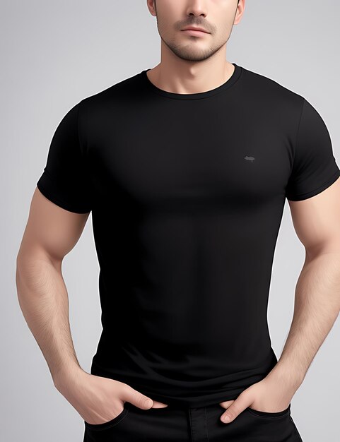 Close up of man in black blank tshirt mockup