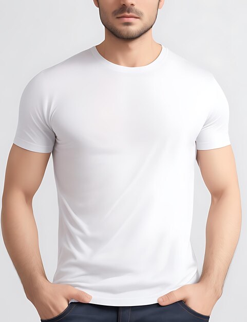 Close up of man in blank white tshirt mockup