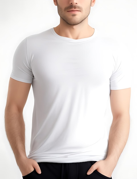 Close up of man in blank white tshirt mockup