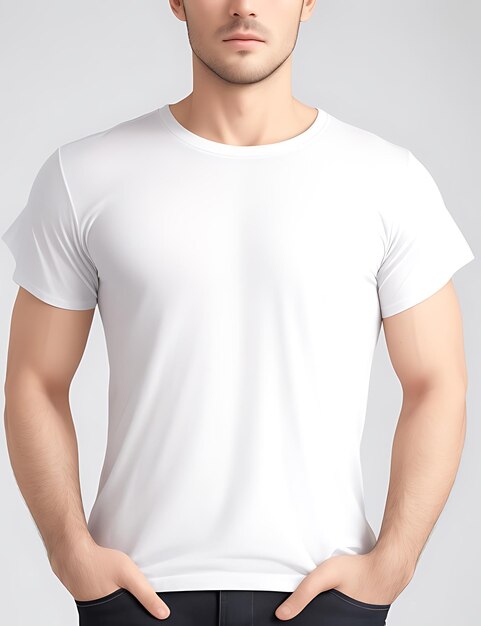 빈 흰색 티셔츠 모형을 입은 남자의 클로즈업