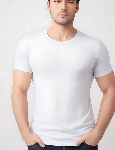 빈 흰색 티셔츠 모형을 입은 남자의 클로즈업