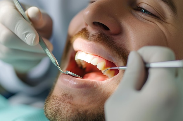 Photo close up of man during teeth checkup at dentists office