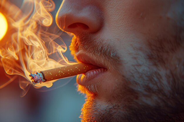 Photo close up of man exhaling smoke while smoking a cigarette in black and white photo