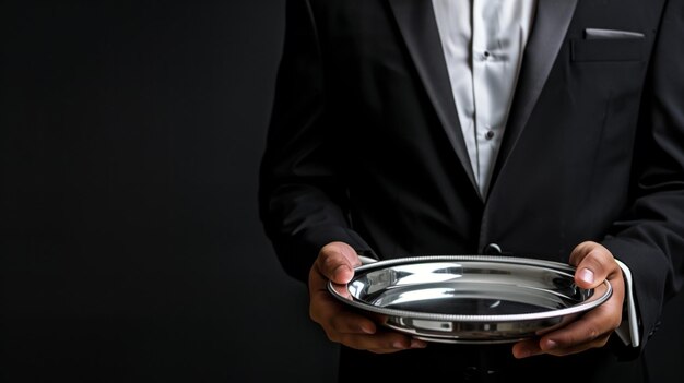 Photo close up of a man in a formal suit holding an empty silver tray against a dark background