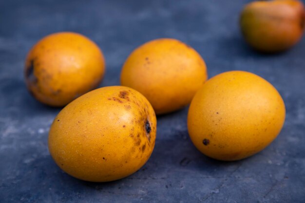 Close up of man hand holding fresh mango fruit in nature background