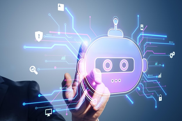 クリエイティブなロボットのホログラムを指している人の手のクローズアップ ぼんやりした背景でチャット GPTとAIの顧客サポートとボットコンセプト
