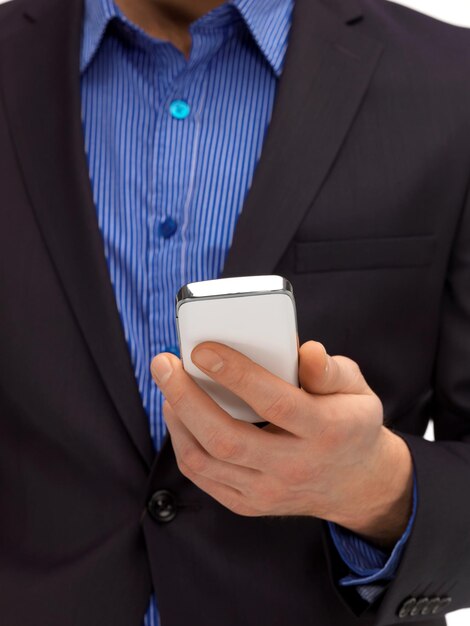 close up of man hand with smartphone