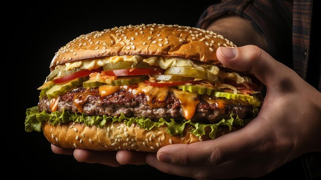 close up of a man hands holding a tasty big burger