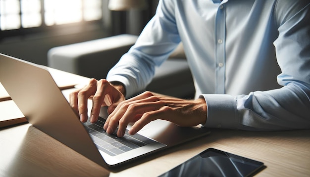 Close up of a man hands typing on a laptop keyboard sitting at a sleek glass table in a contemporary well lit room