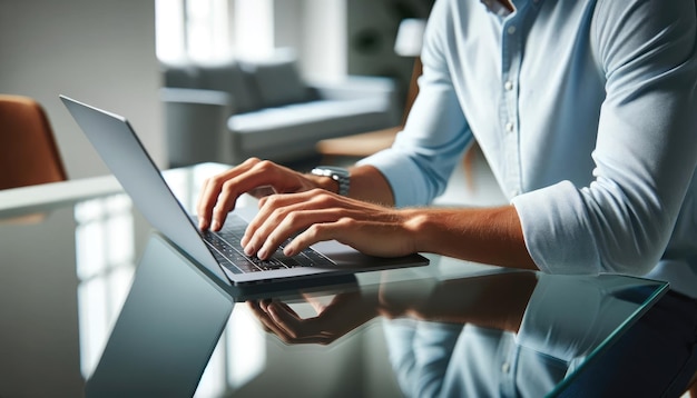 Близкий взгляд на человека, пишущего на клавиатуре ноутбука, сидящего за гладким стеклянным столом в современной хорошо освещенной комнате