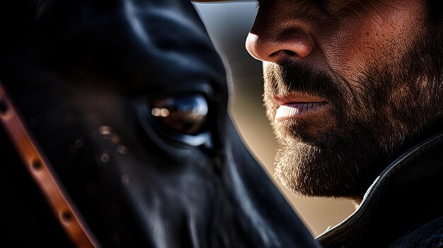 Photo a close up of a man and his horse looking at each other ai