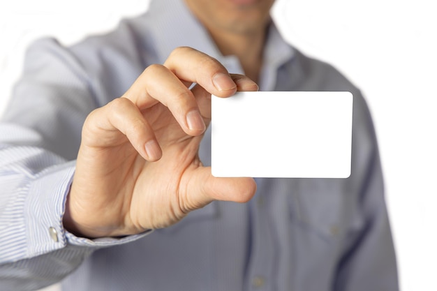 Close up of a man holding a blank card Selective focus