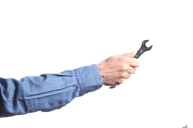 Close-up of man holding hands over white background