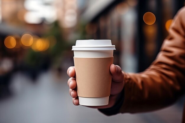Foto close up di un uomo che tiene una tazza di carta di caffè in città
