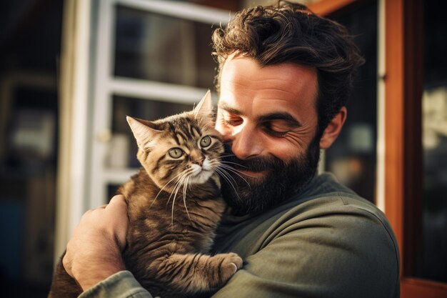 Photo close up of a man hugging his cat bokeh style background