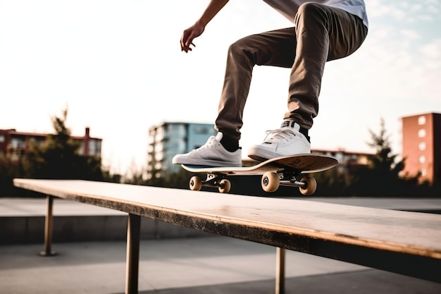 A close up of man jump with skateboard on park