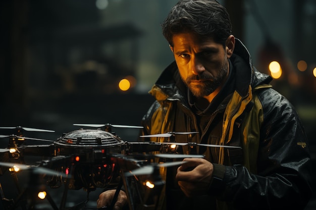 close up of man leading dron in the forest