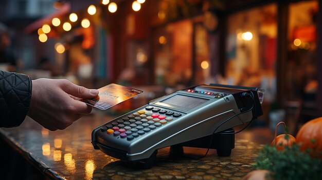 Photo close up of man paying for payment in cafe