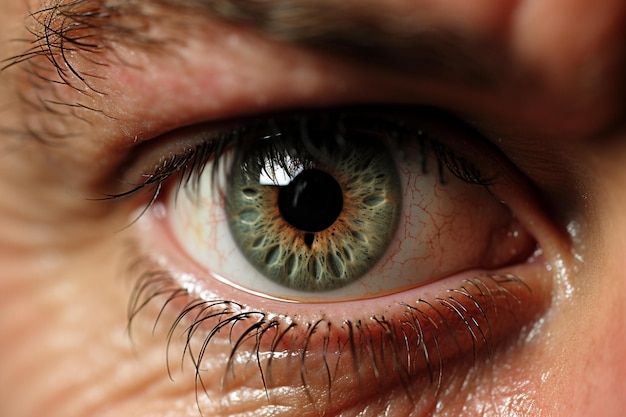 A close up of a man's eye with a brown eye and a black pupil.