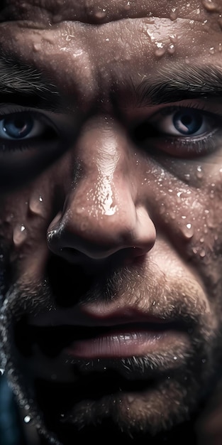 A close up of a man's face with water on it