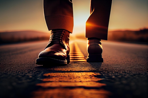 Close up of man's feet walking on the road at sunsetgenerative ai