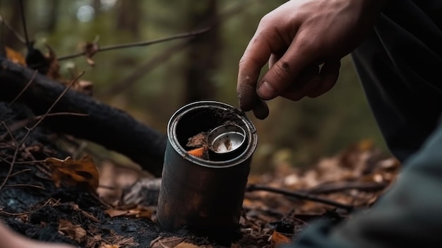 Close up of man's hand lifting up used wrinkled dirty can in the forest park