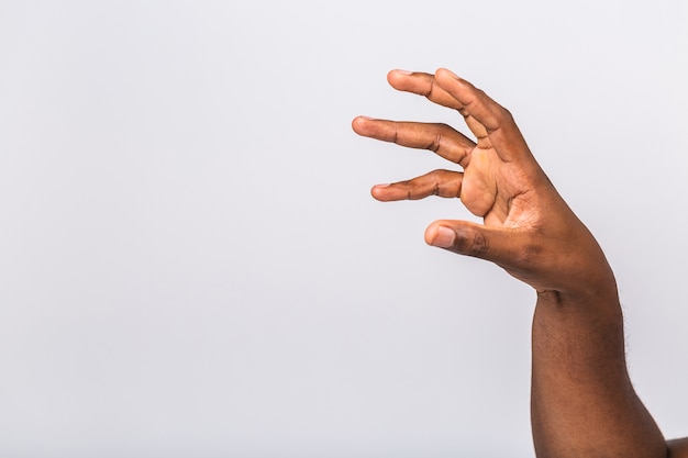 Close up of man's hand showing gesture raising hands up