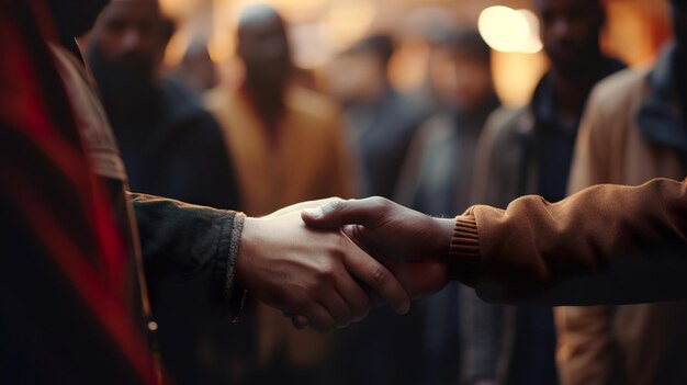 a close up of a man shaking hands with other people in the background