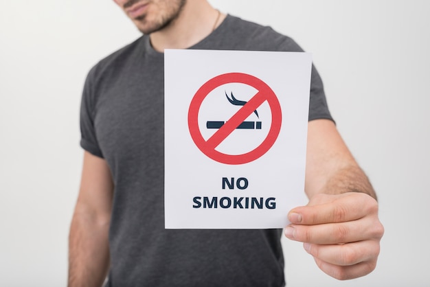 Close-up of a man showing no smoking sign against white background