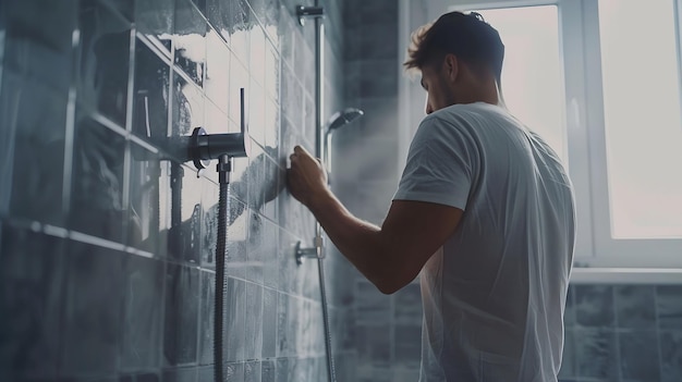 Photo close up of man standing by the wall with ceramic tile and installing shower faucet generative ai