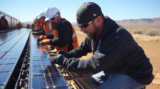 Photo close up of man technician in work gloves installing standalone photovoltaic solar panel system