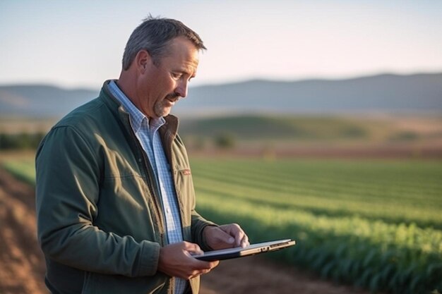 Photo close up man using a tablet in a field