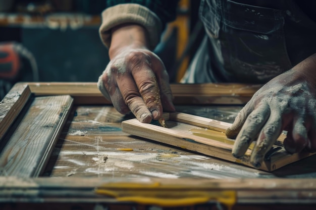 Close up of man varnishing wooden frame with DIY tools