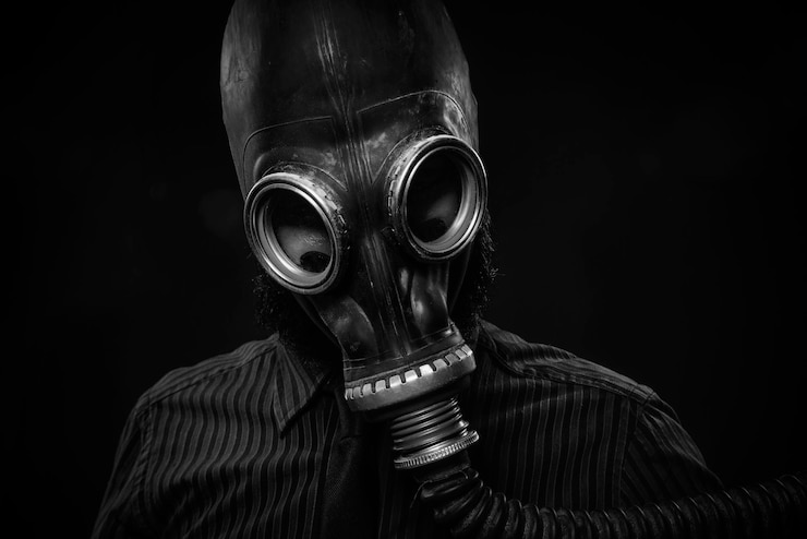 Photo close-up of man wearing gas mask against black background