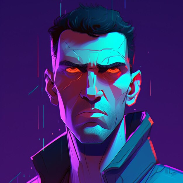 A close up of a man with a neon face and a purple background generative ai