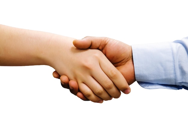 Photo close-up of man and woman shaking hands against white background