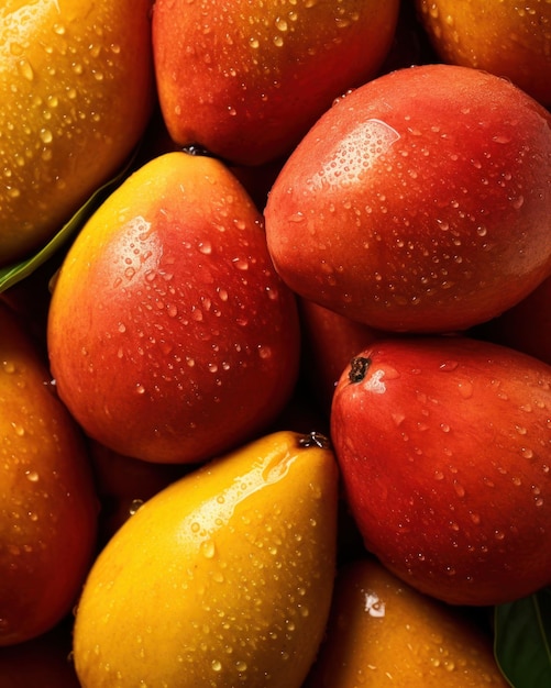 A close up of mangoes with water droplets on them