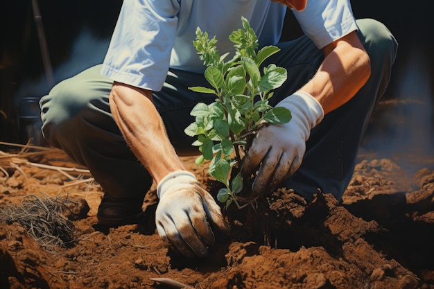 Close-up mannelijke man boer werknemer gehandschoende handen planten van zaden aanraken van de bodem grond tuinieren groei