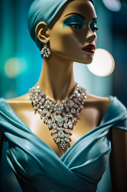 Close up of mannequin wearing dress and necklace