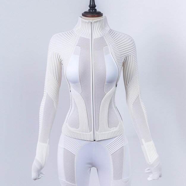 a close up of a mannequin wearing a white outfit with a zipper generative ai