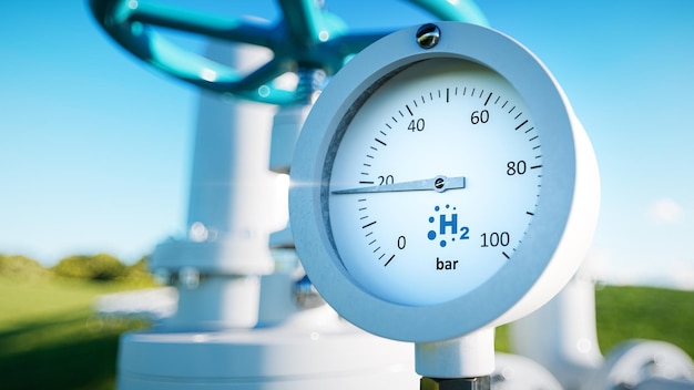 Close up of a manometer with a hydrogen pipe in the background 3d rendering