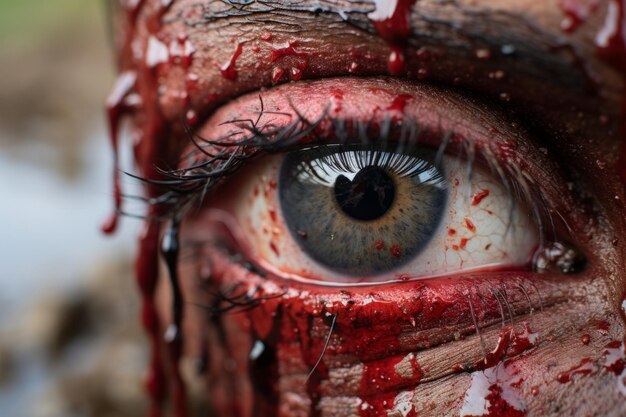 a close up of a mans eye covered in blood