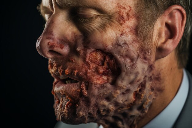 A close up of a mans face covered in blood