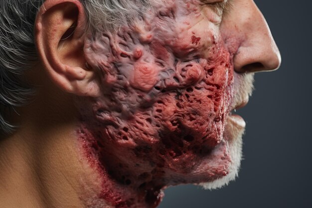 a close up of a mans face covered in blood