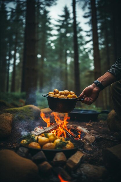 close up of mans hand grilling food in forest